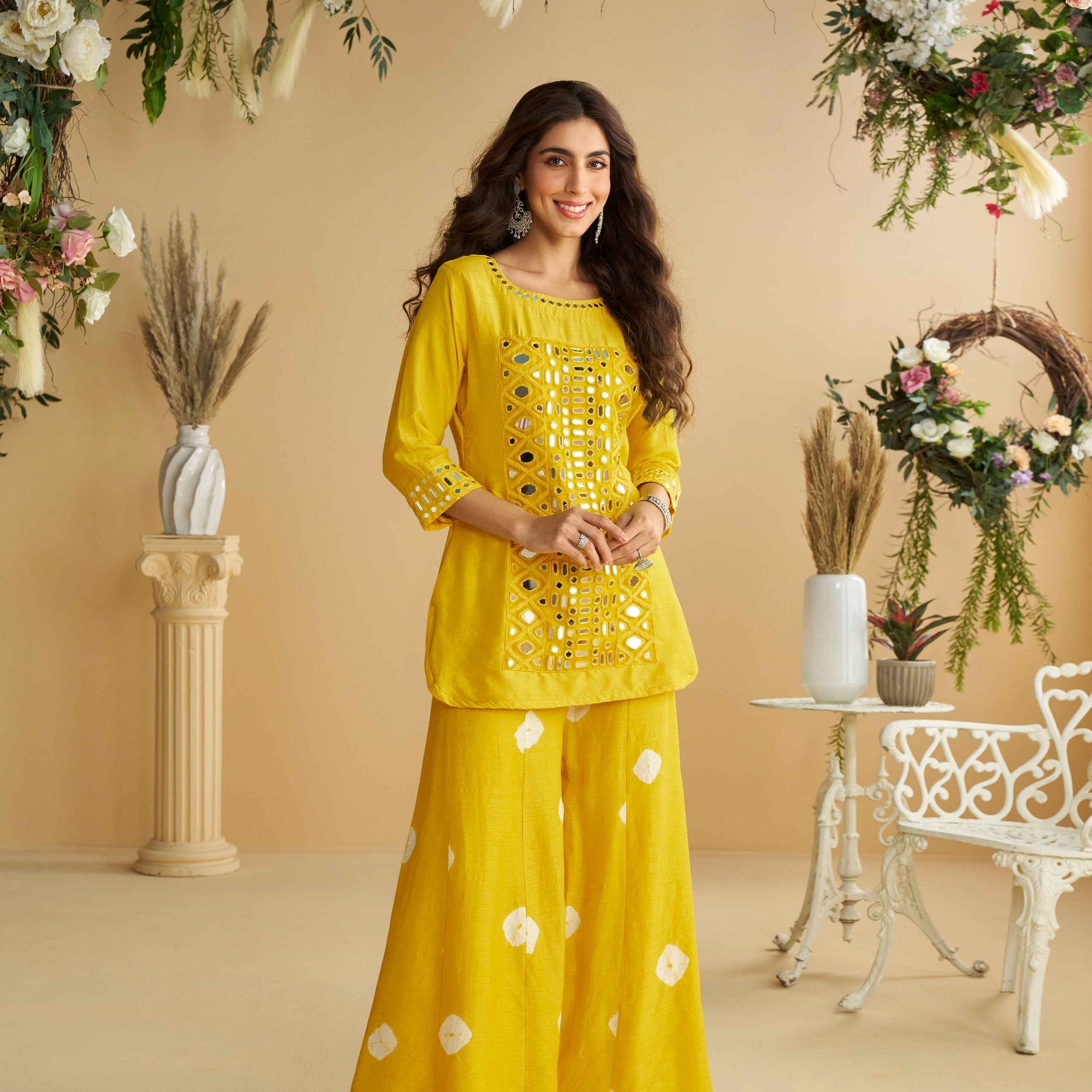 Yellow Silk Mirror Work Palazzo Suit with Embroidered Dupatta