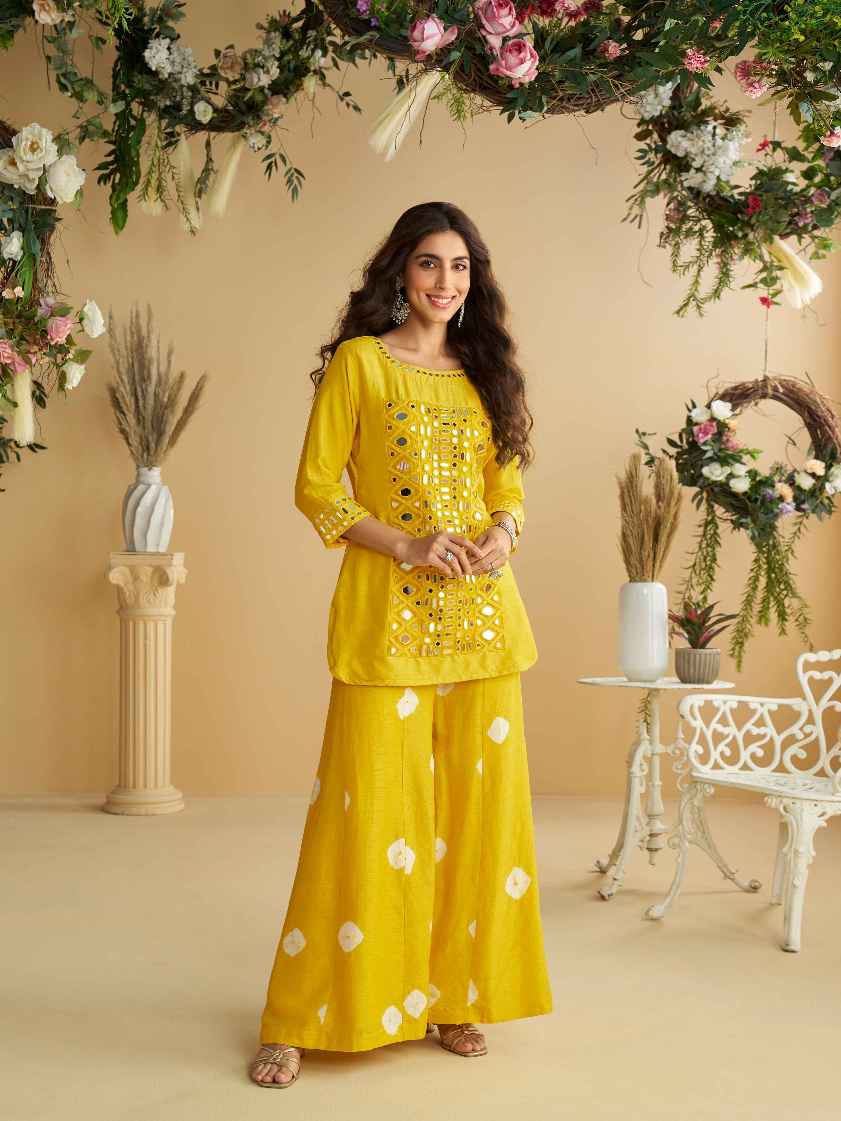 Yellow Silk Mirror Work Palazzo Suit with Embroidered Dupatta