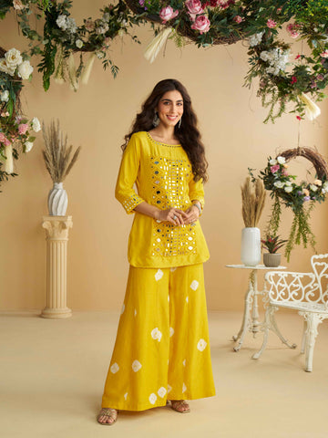 Yellow Silk Mirror Work Palazzo Suit with Embroidered Dupatta