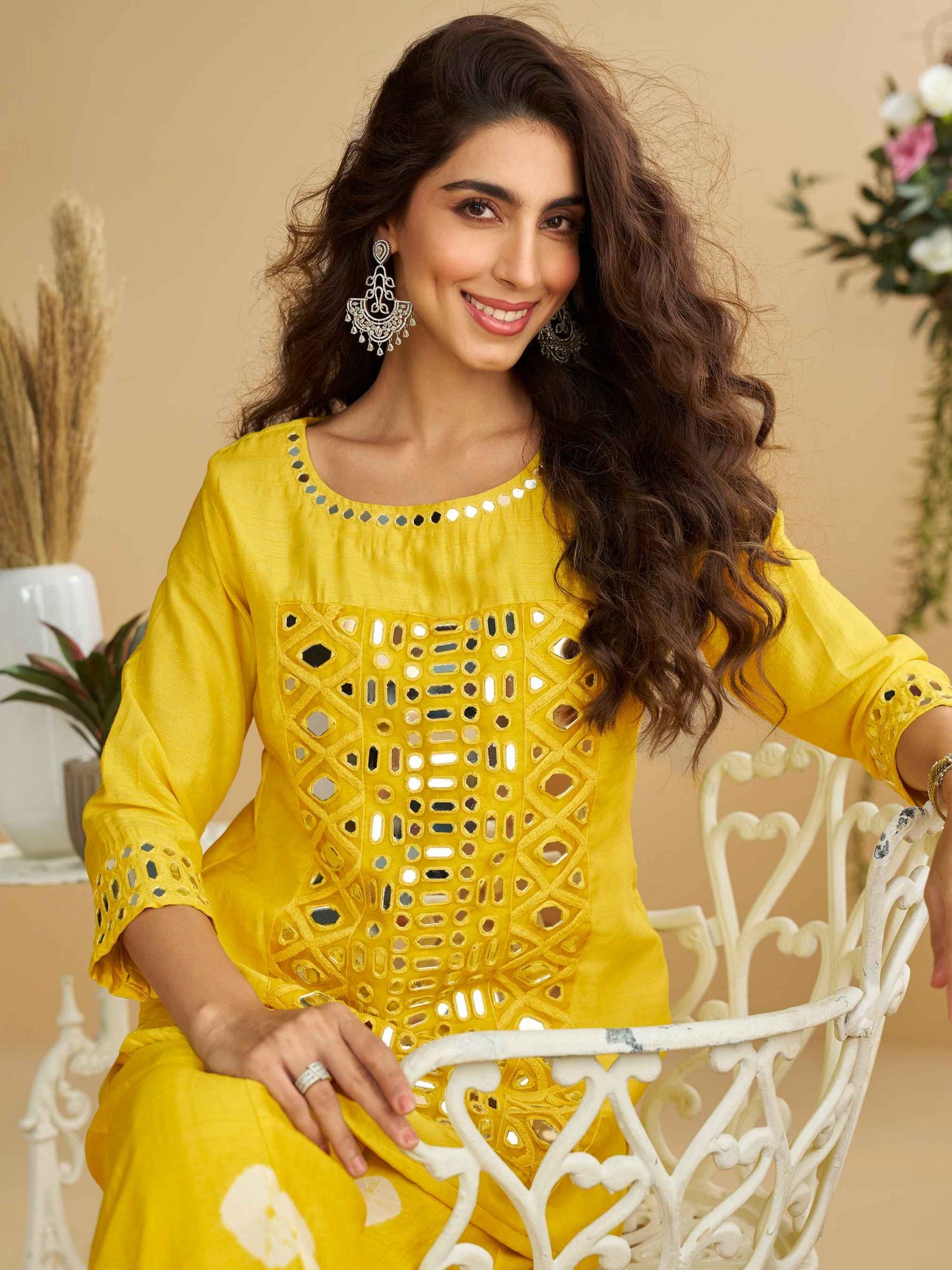 Yellow Silk Mirror Work Palazzo Suit with Embroidered Dupatta Palazzo Suit Anant Tex Exports Pvt.Ltd..
