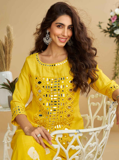 Yellow Silk Mirror Work Palazzo Suit with Embroidered Dupatta Palazzo Suit Anant Tex Exports Pvt.Ltd..