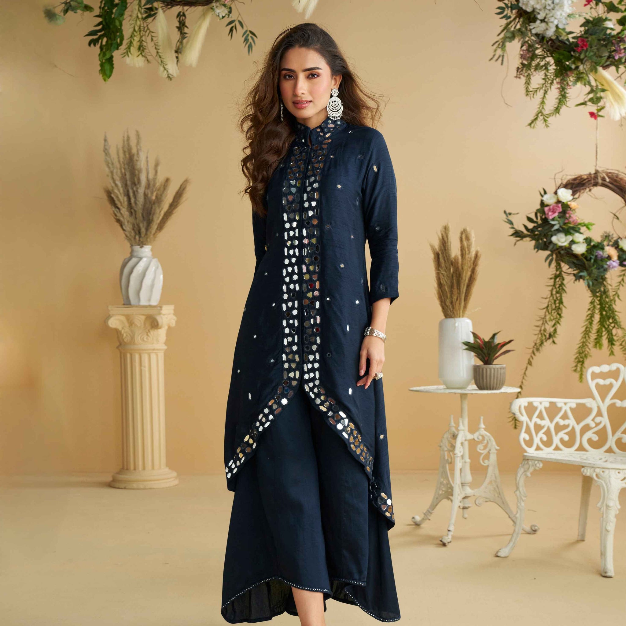 Navy Silk Mirror Work Kurti Set with Palazzo