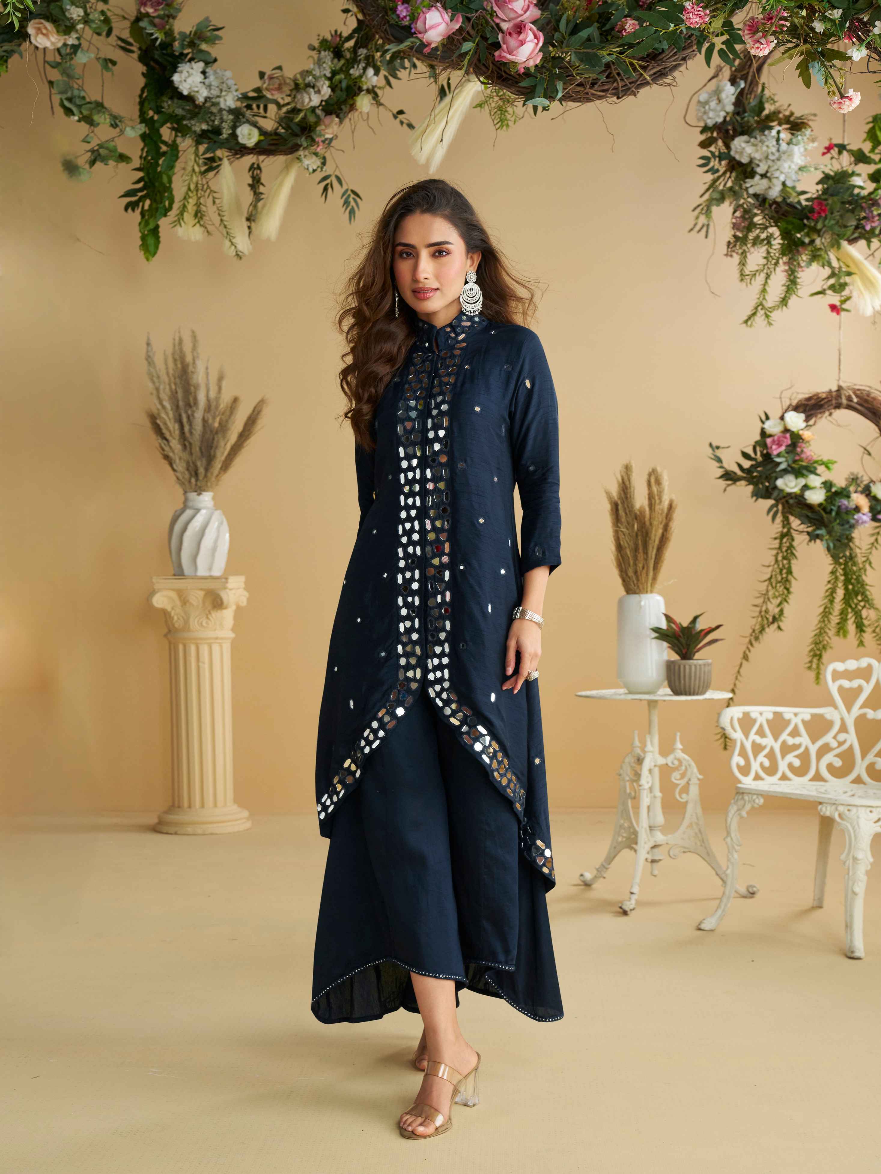 Navy Silk Mirror Work Kurti Set with Palazzo