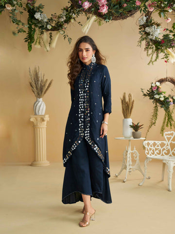 Navy Silk Mirror Work Kurti Set with Palazzo
