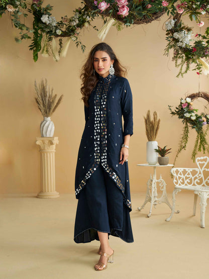 Navy Silk Mirror Work Kurti Set with Palazzo Palazzo Suit Anant Tex Exports Pvt.Ltd..