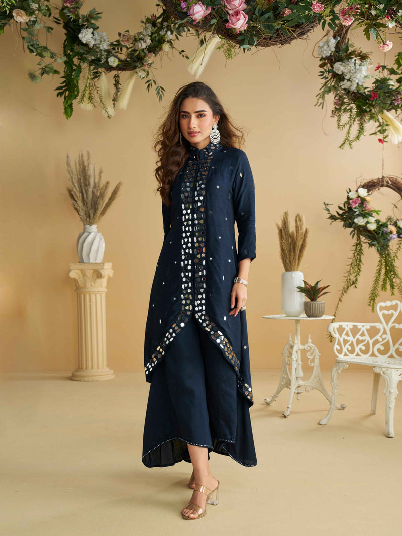 Navy Silk Mirror Work Kurti Set with Palazzo