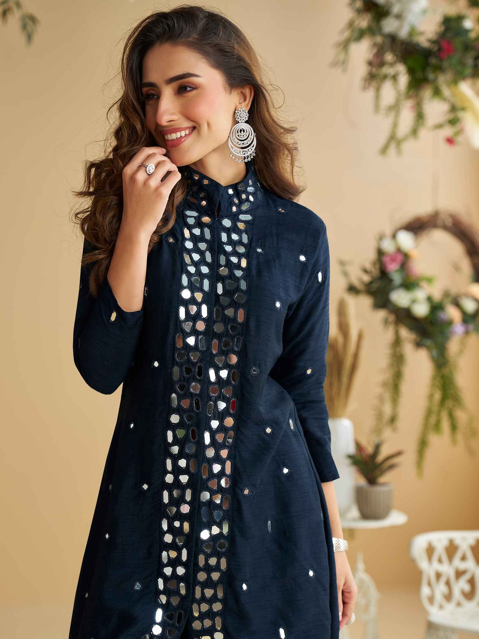 Navy Silk Mirror Work Kurti Set with Palazzo