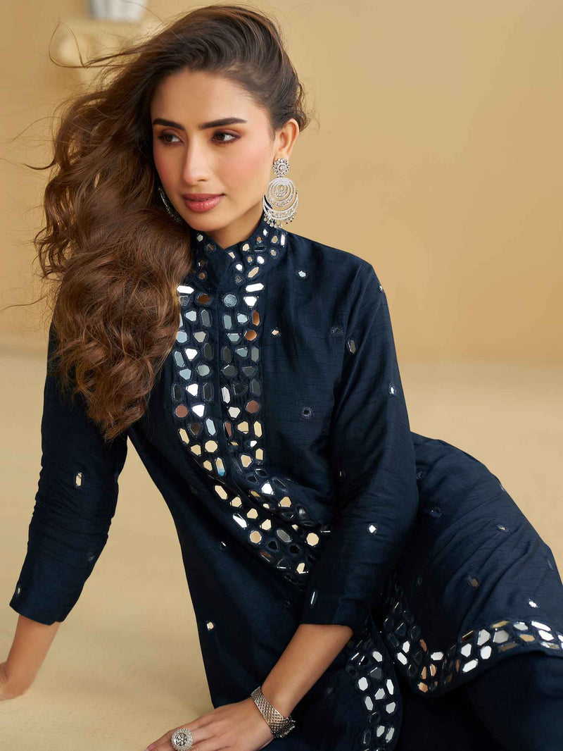 Navy Silk Mirror Work Kurti Set with Palazzo