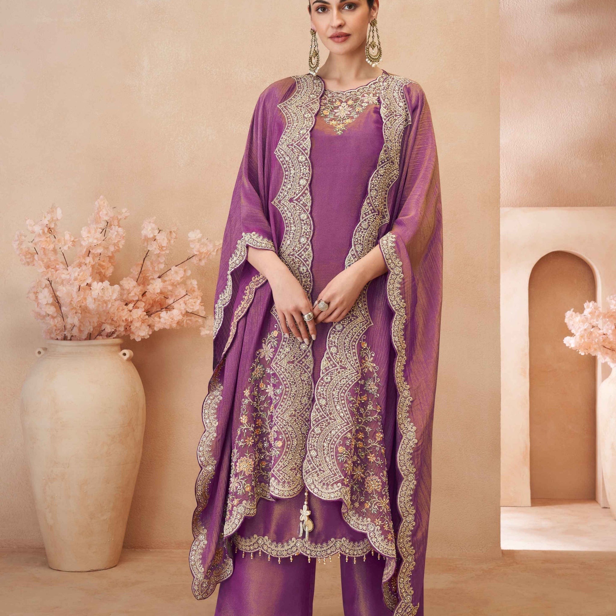 Royal Purple Embroidered Palazzo Suit with Jacket Dupatta