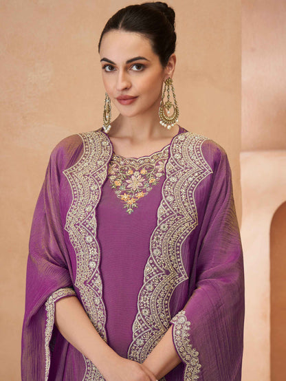 Royal Purple Embroidered Palazzo Suit with Jacket Dupatta Palazzo Suit Anant Tex Exports Pvt.Ltd..
