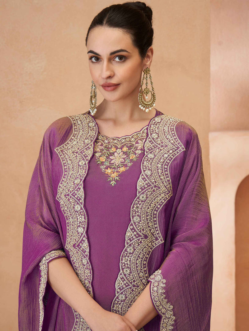Royal Purple Embroidered Palazzo Suit with Jacket Dupatta