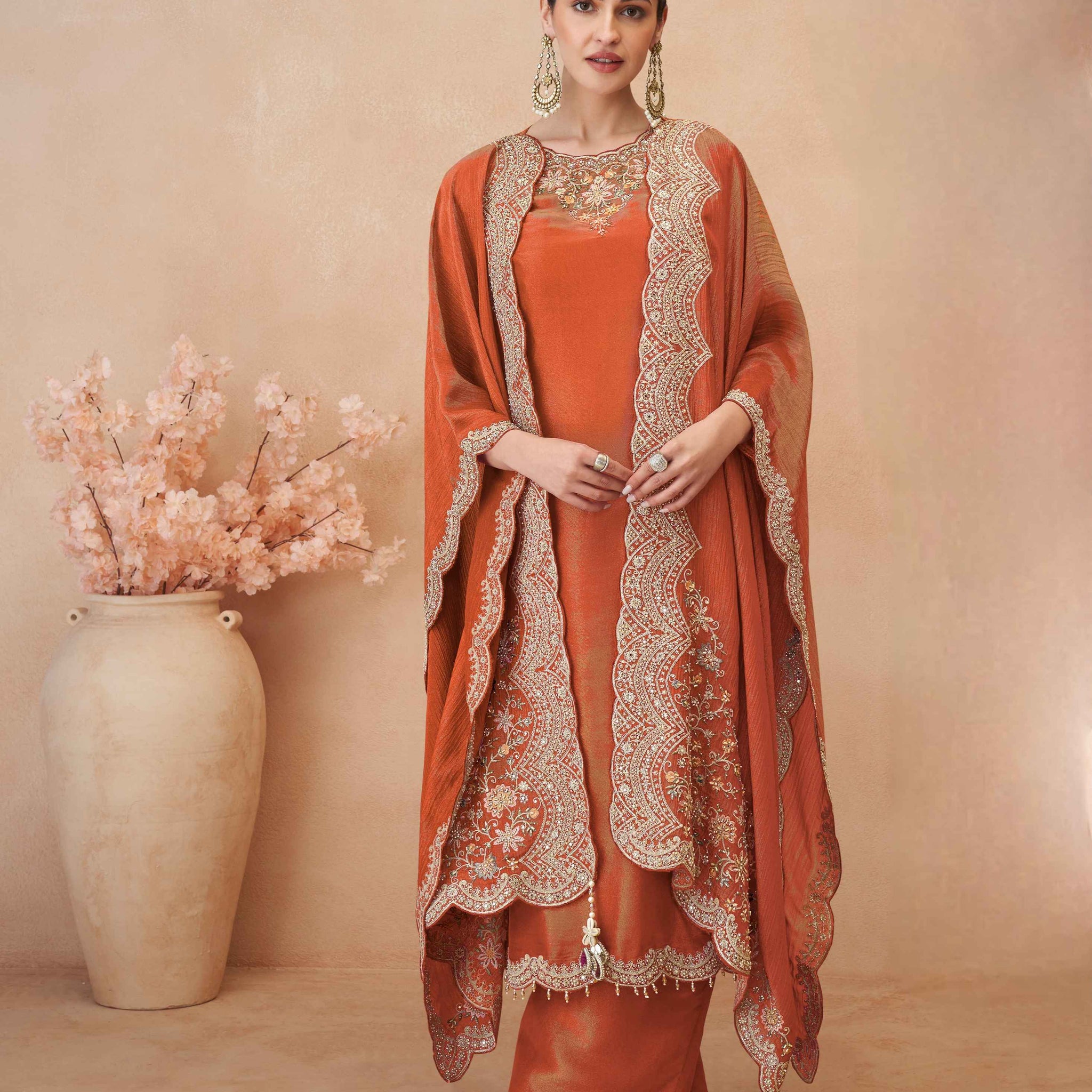 Rust Orange Embroidered Simar Silk Palazzo Suit with Dupatta