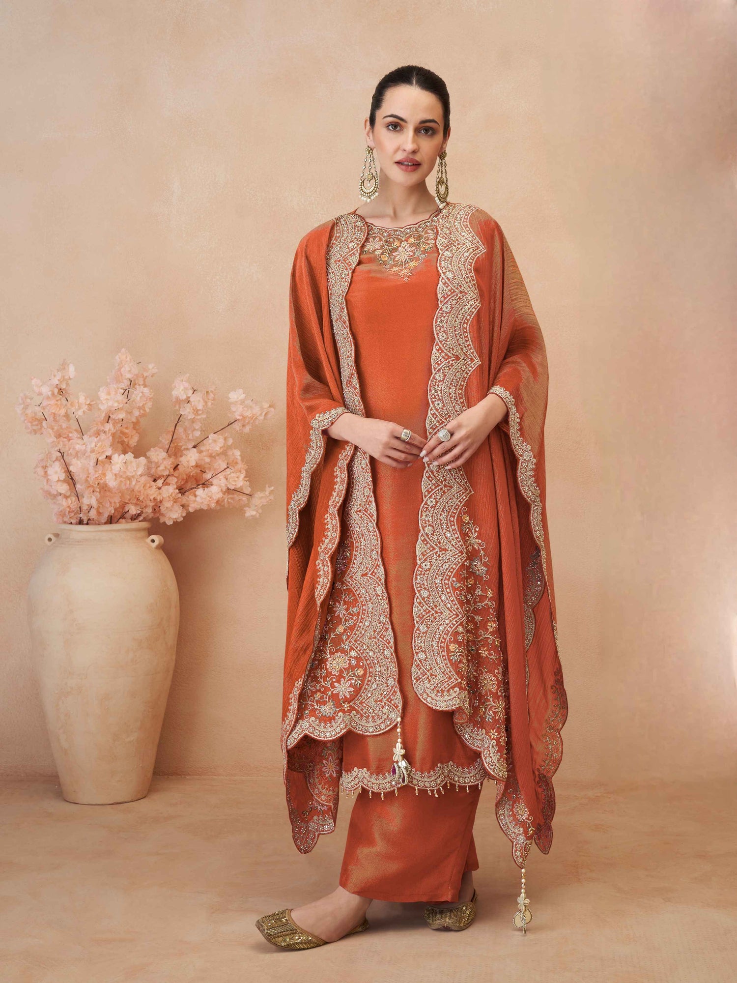 Rust Orange Embroidered Simar Silk Palazzo Suit with Dupatta Palazzo Suit Anant Tex Exports Pvt.Ltd..