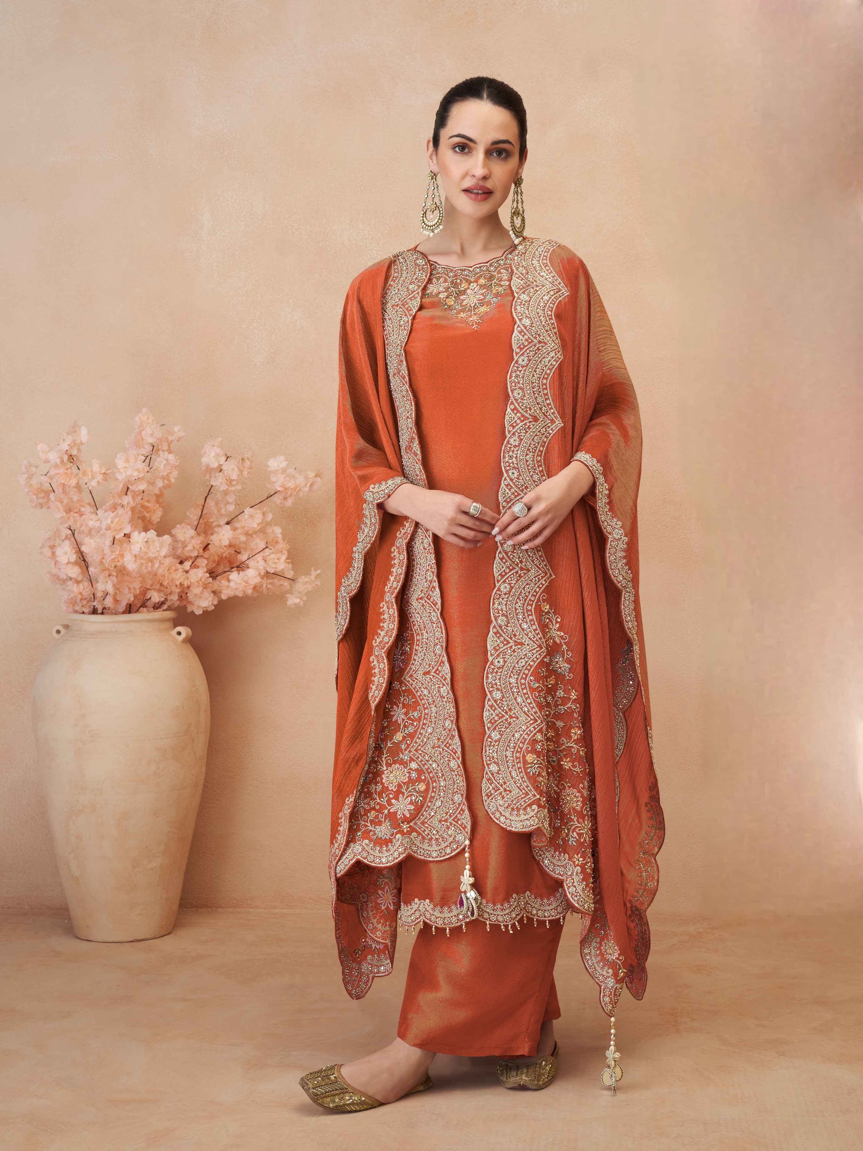 Rust Orange Embroidered Simar Silk Palazzo Suit with Dupatta