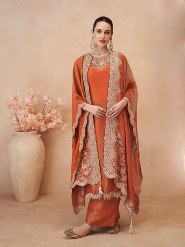 Rust Orange Embroidered Simar Silk Palazzo Suit with Dupatta