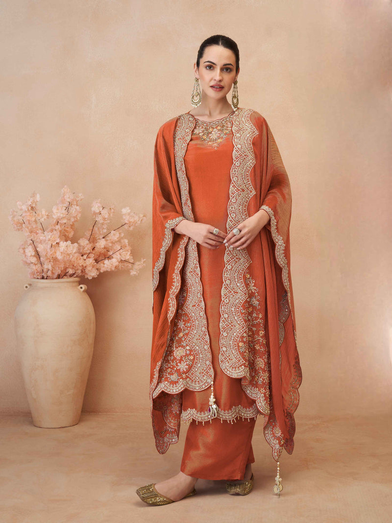 Rust Orange Embroidered Simar Silk Palazzo Suit with Dupatta