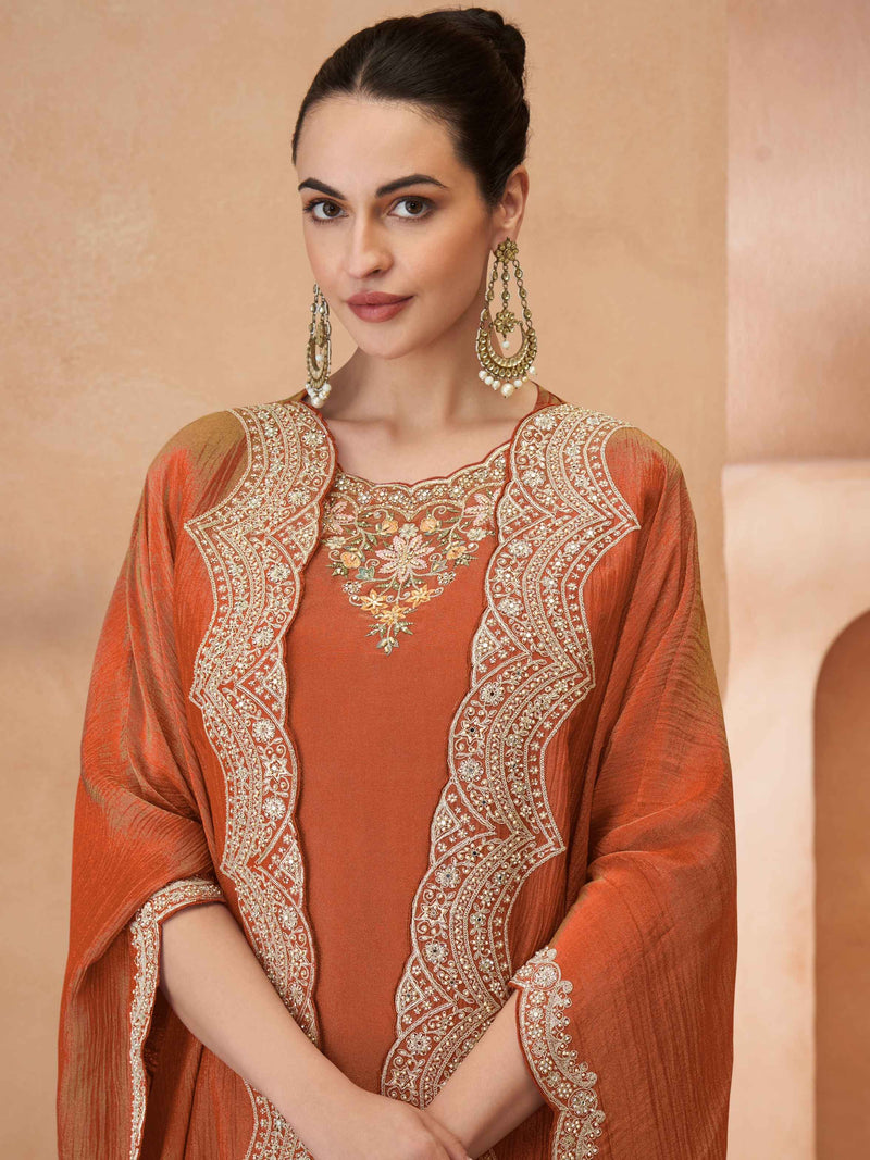 Rust Orange Embroidered Simar Silk Palazzo Suit with Dupatta