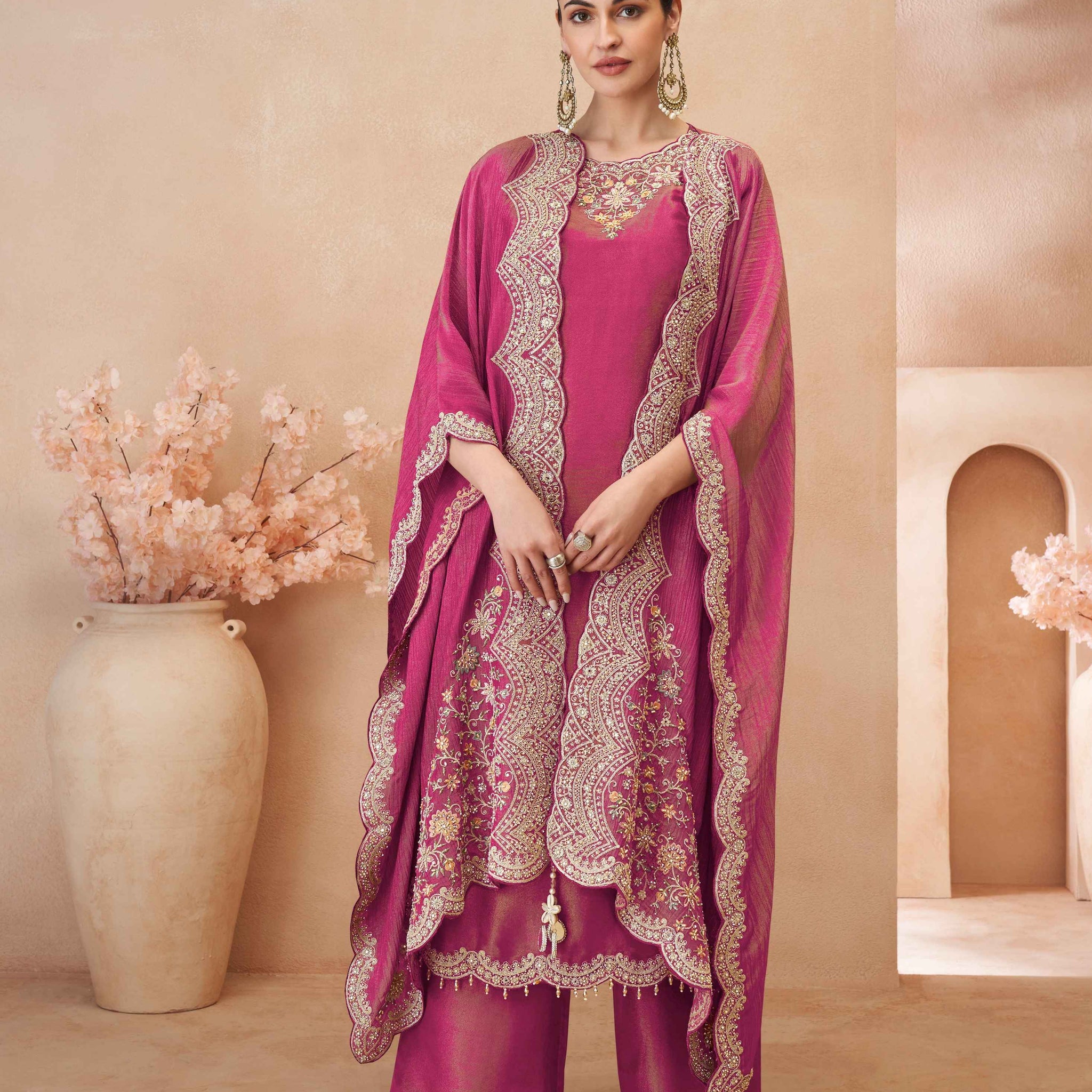 Rani Pink Embroidered Simar Silk Palazzo Suit with Jacket Dupatta