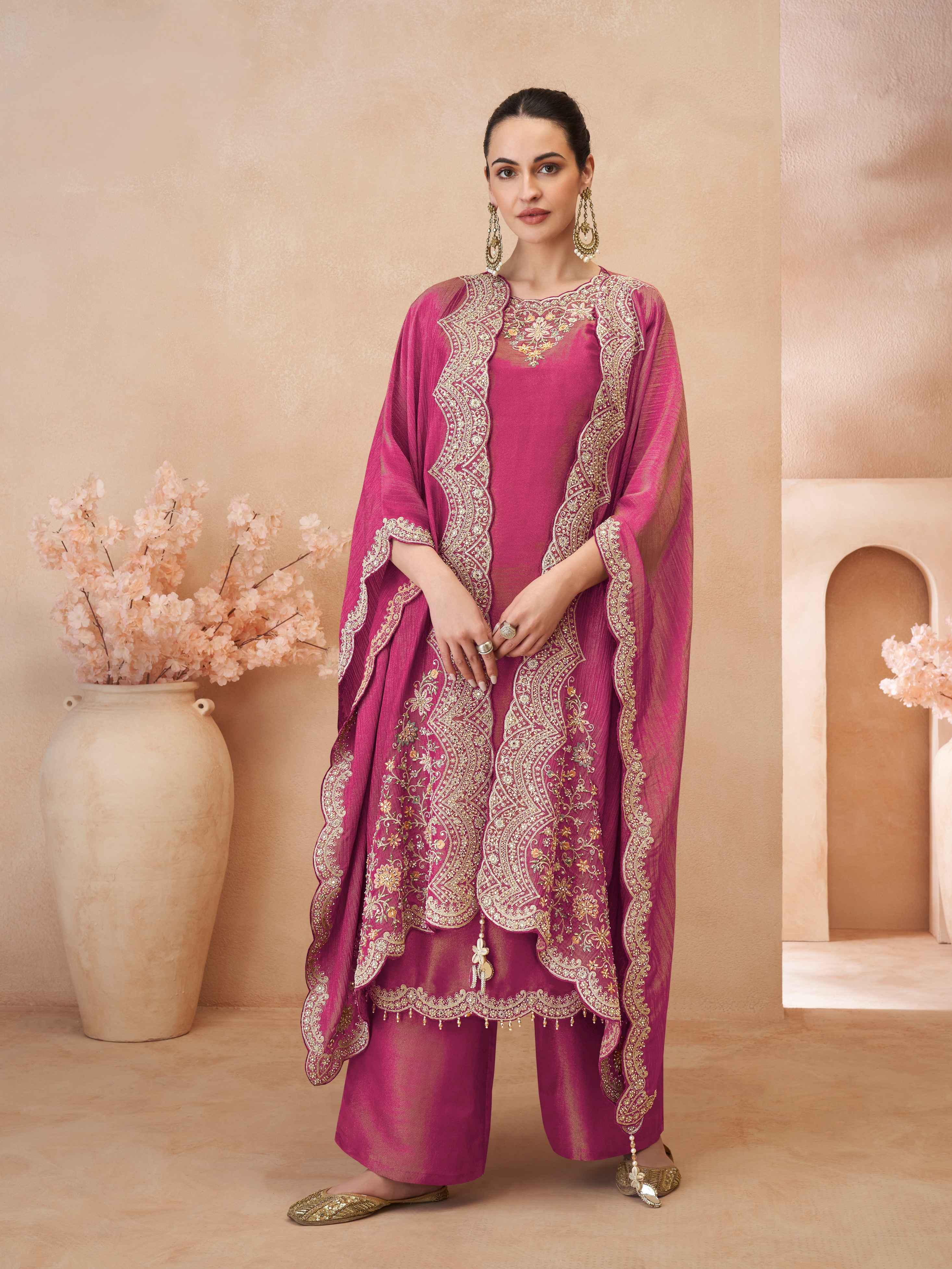 Rani Pink Embroidered Simar Silk Palazzo Suit with Jacket Dupatta