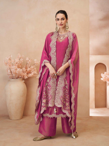 Rani Pink Embroidered Simar Silk Palazzo Suit with Jacket Dupatta