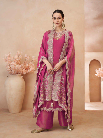 Rani Pink Embroidered Simar Silk Palazzo Suit with Jacket Dupatta Palazzo Suit Anant Tex Exports Pvt.Ltd..