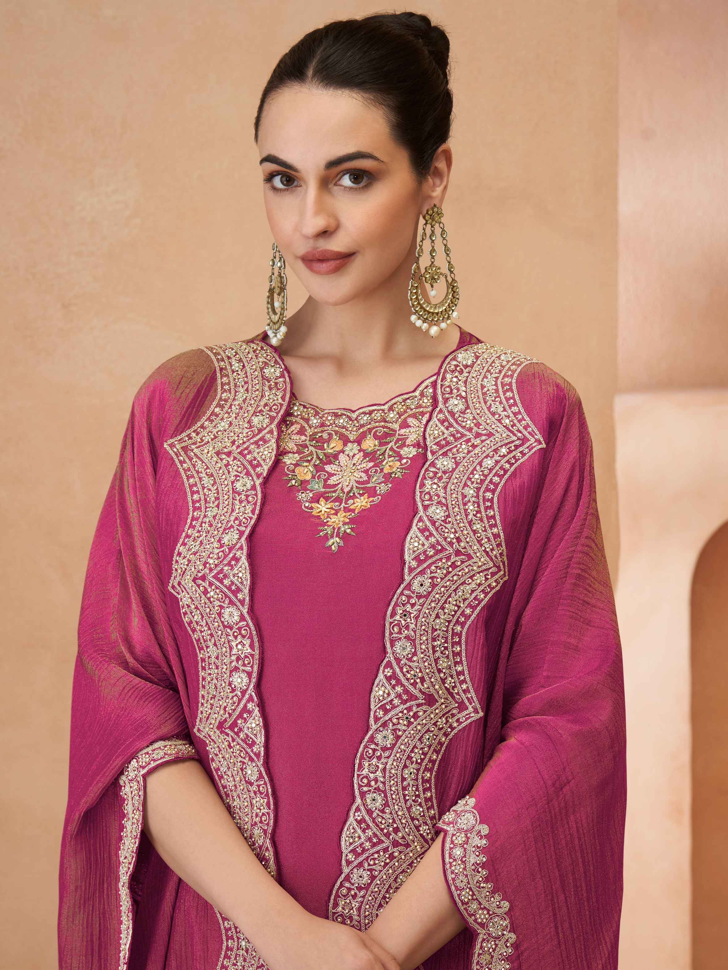 Rani Pink Embroidered Simar Silk Palazzo Suit with Jacket Dupatta