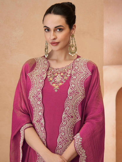 Rani Pink Embroidered Simar Silk Palazzo Suit with Jacket Dupatta Palazzo Suit Anant Tex Exports Pvt.Ltd..