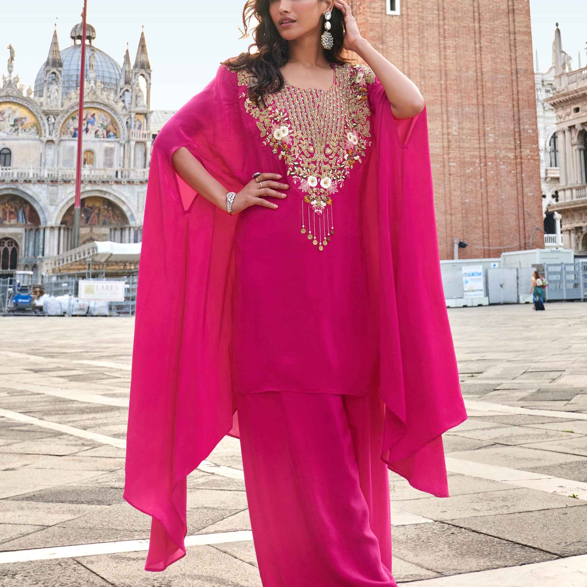 Fuchsia Pink Chinon Silk Palazzo Suit with Heavy Hand Embroidery