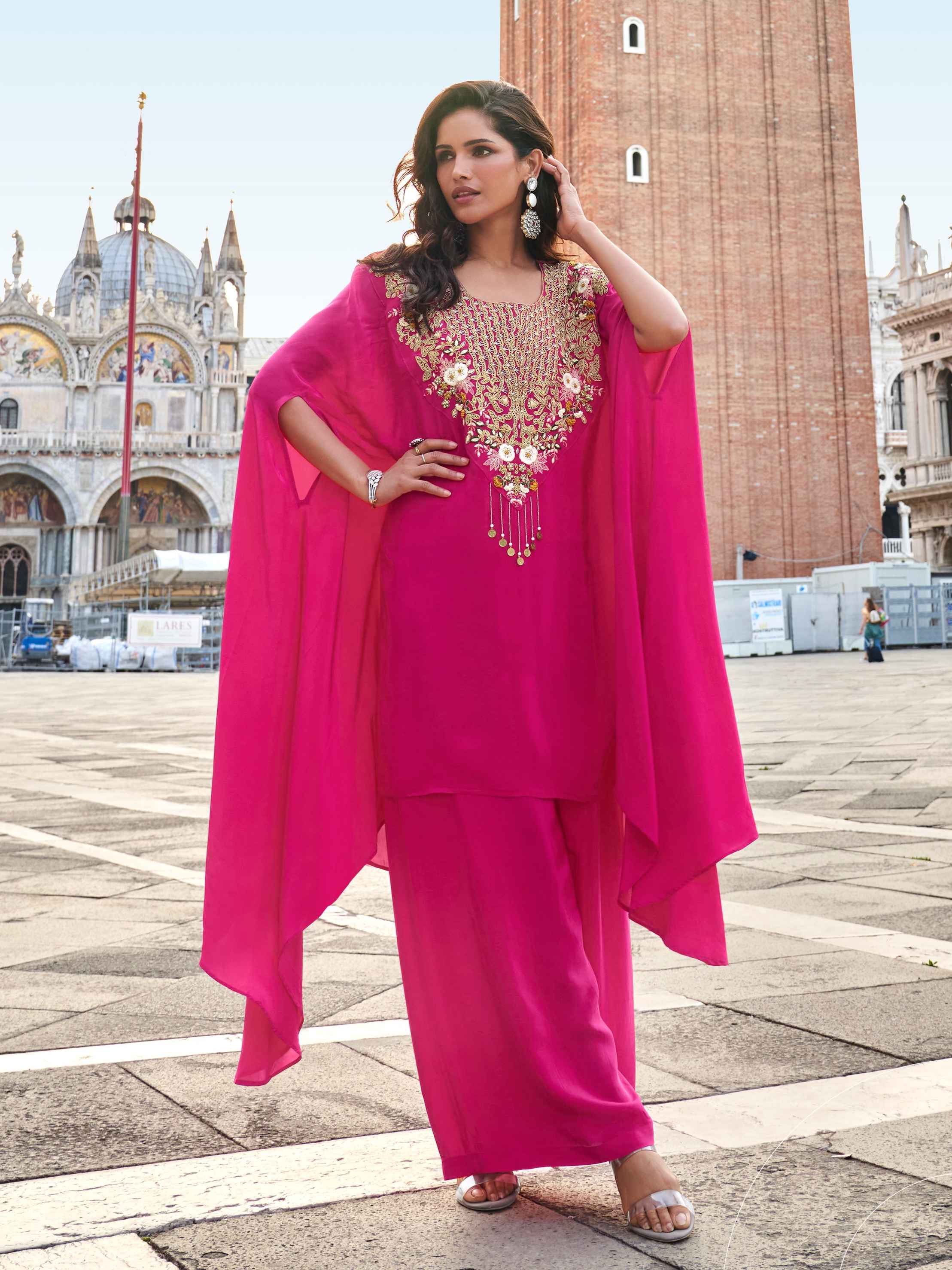 Fuchsia Pink Chinon Silk Palazzo Suit with Heavy Hand Embroidery Palazzo Suit Anant Tex Exports Pvt.Ltd..
