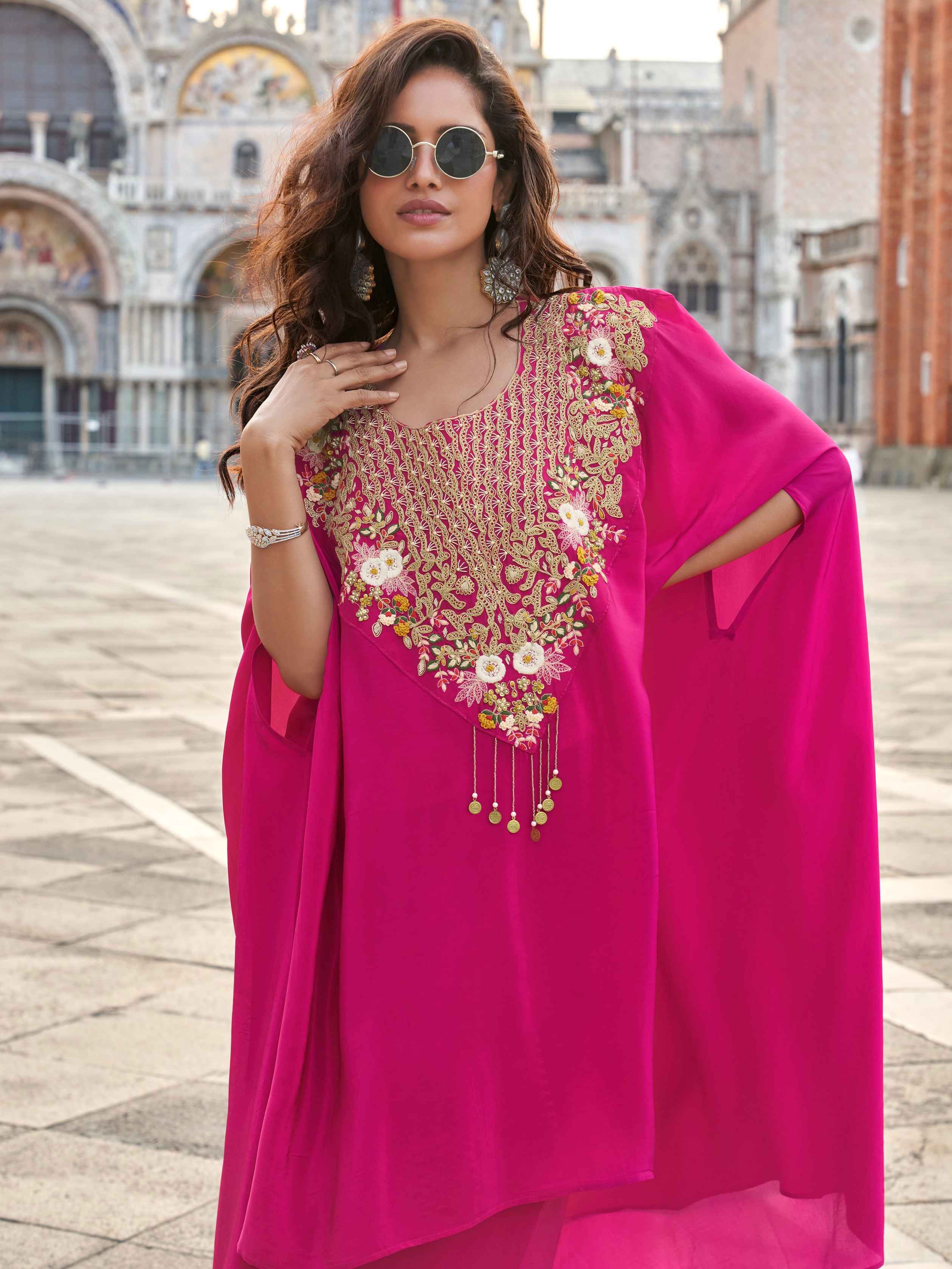 Fuchsia Pink Chinon Silk Palazzo Suit with Heavy Hand Embroidery