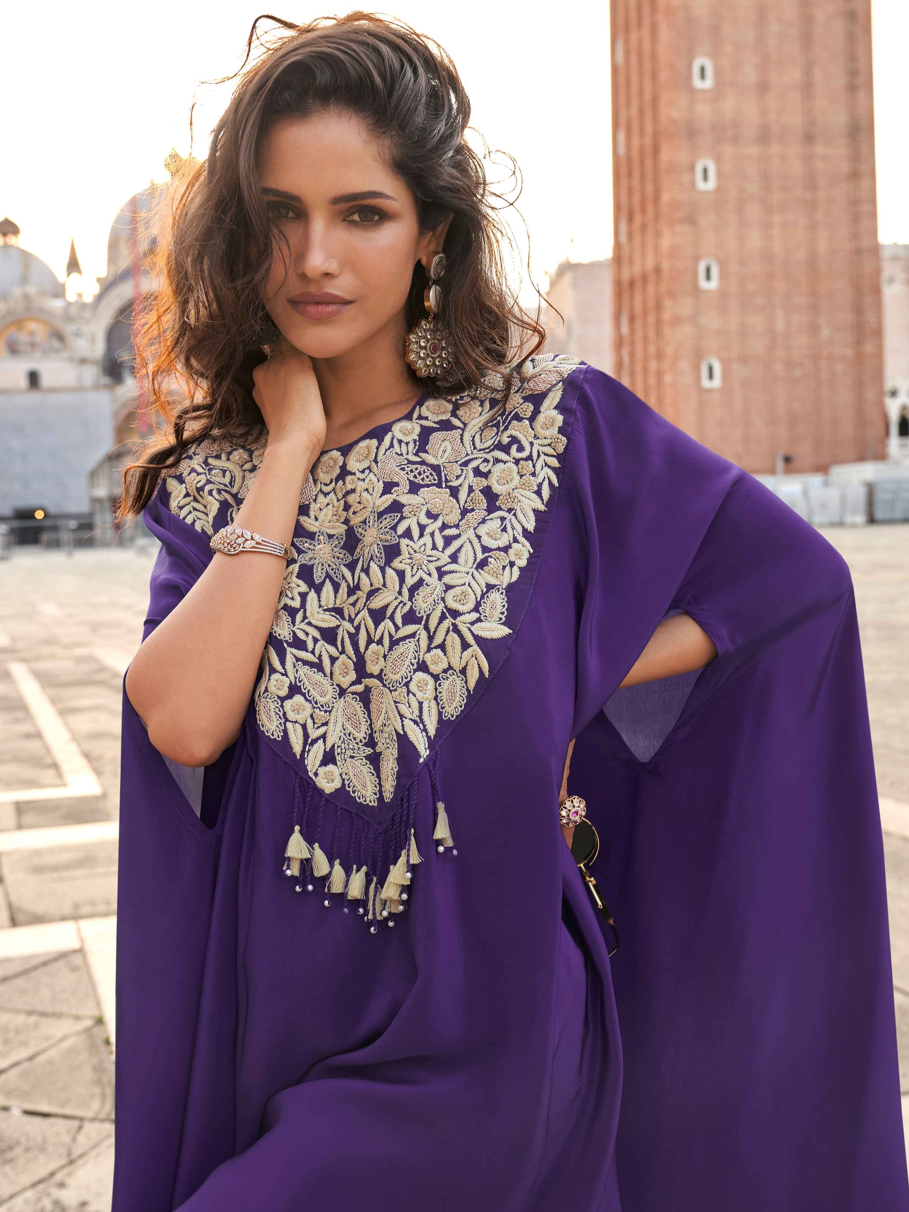 Royal Purple Hand Embroidered Chinon Silk Palazzo Suit