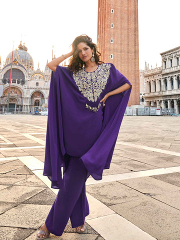 Royal Purple Hand Embroidered Chinon Silk Palazzo Suit