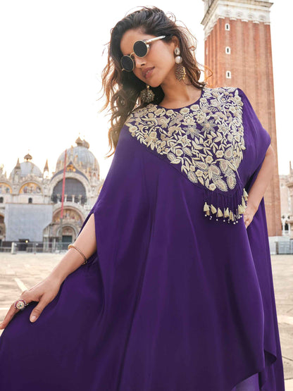 Royal Purple Hand Embroidered Chinon Silk Palazzo Suit Palazzo Suit Anant Tex Exports Pvt.Ltd..