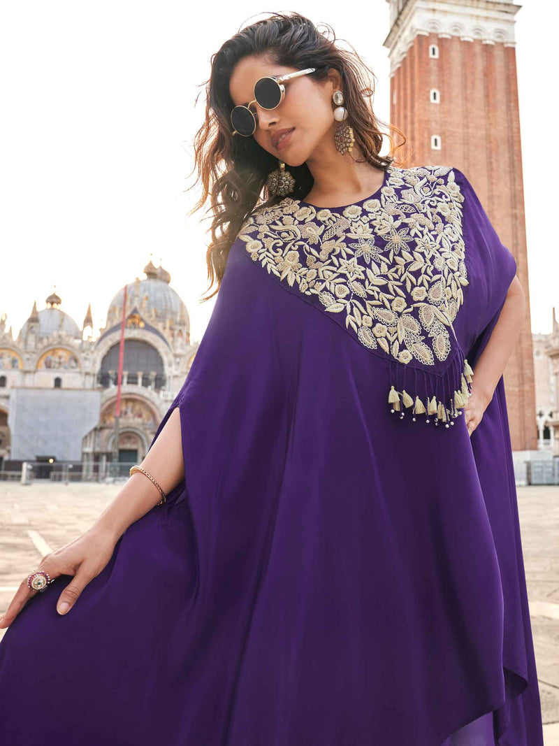Royal Purple Hand Embroidered Chinon Silk Palazzo Suit