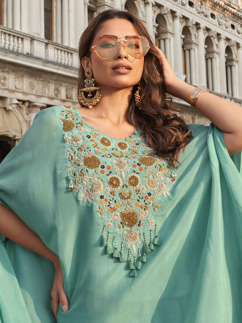 Mint Green Real Chinon Silk Palazzo Suit with Embroidery