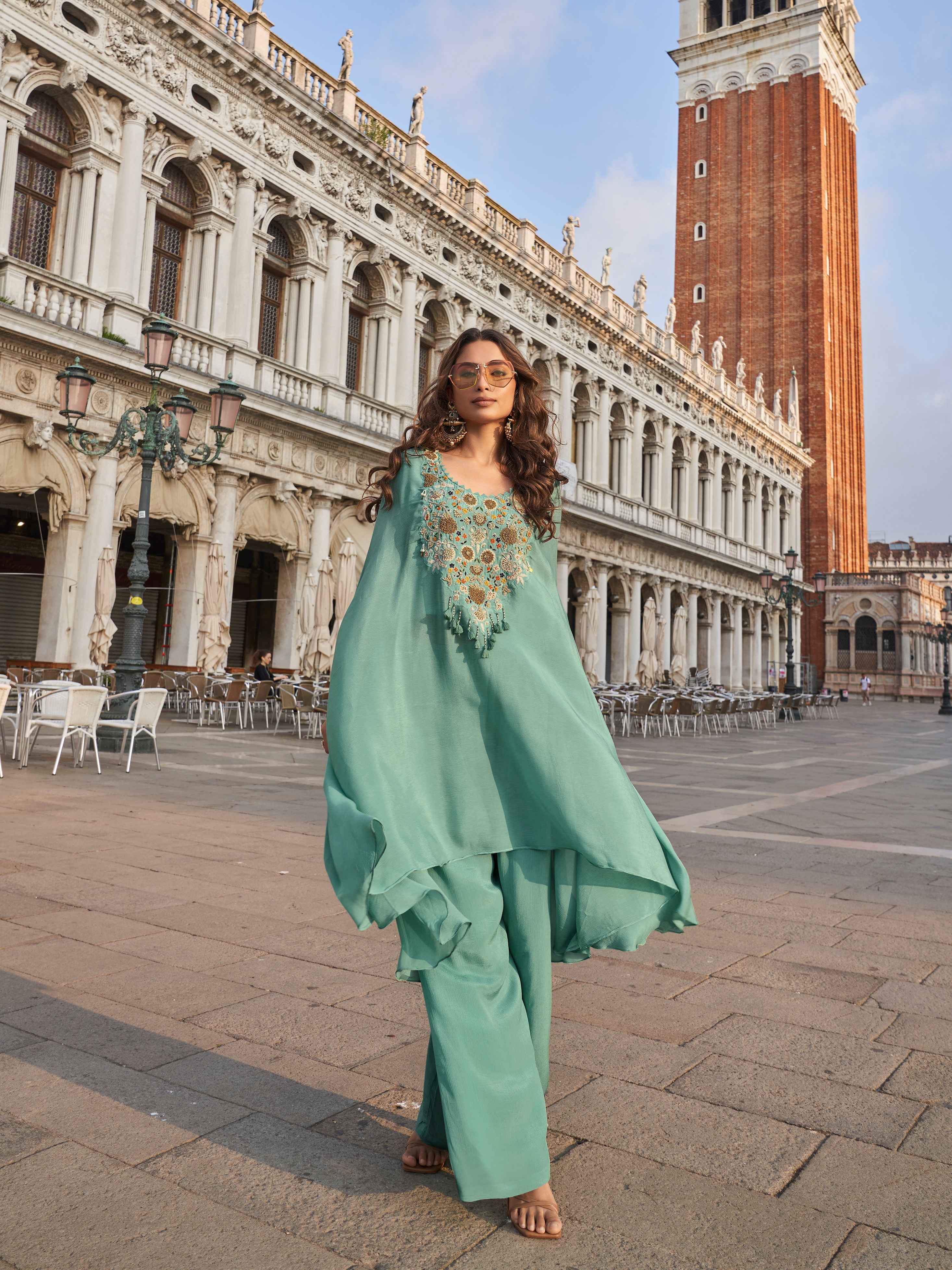 Mint Green Real Chinon Silk Palazzo Suit with Embroidery Palazzo Suit Anant Tex Exports Pvt.Ltd..
