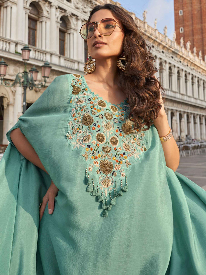 Mint Green Real Chinon Silk Palazzo Suit with Embroidery