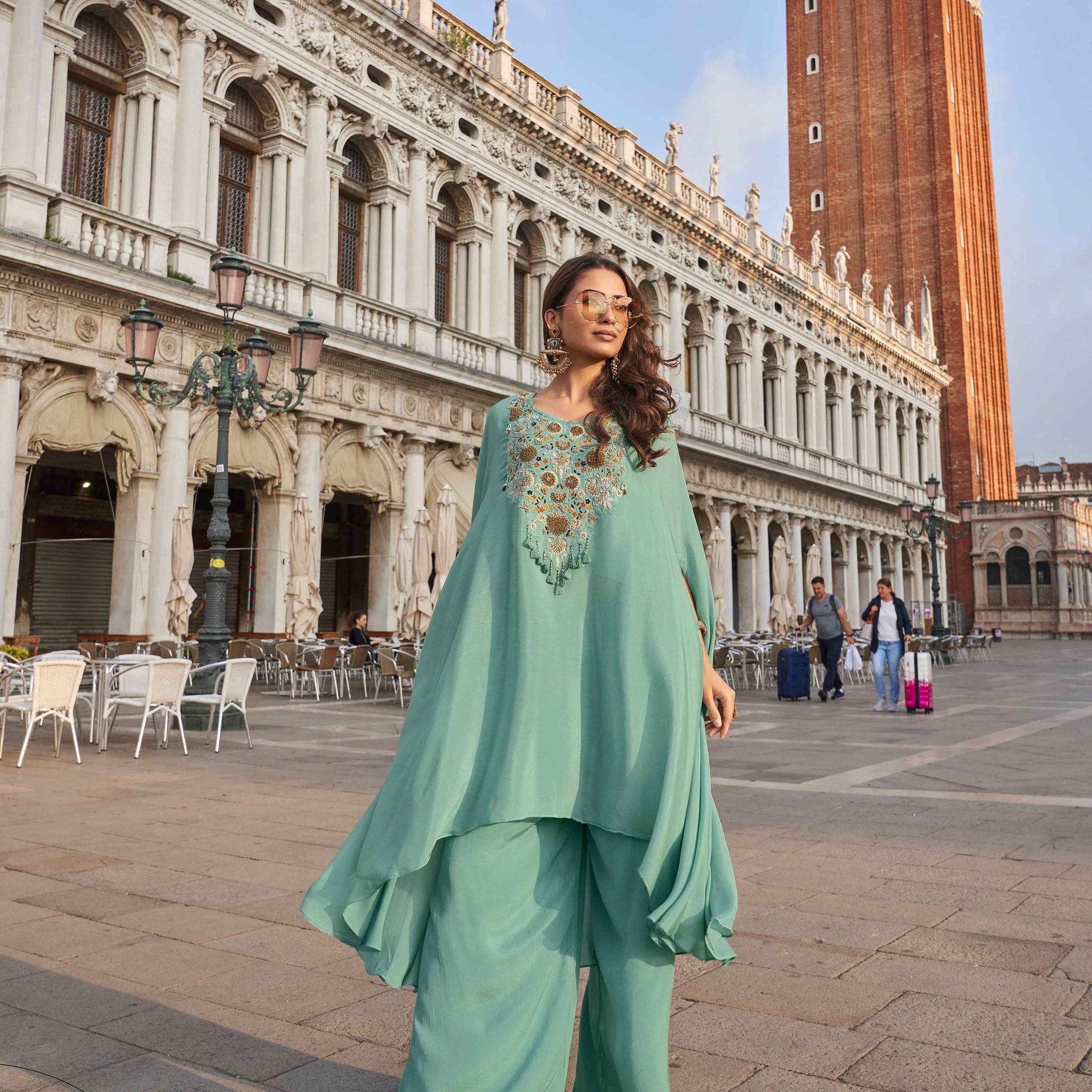 Mint Green Real Chinon Silk Palazzo Suit with Embroidery