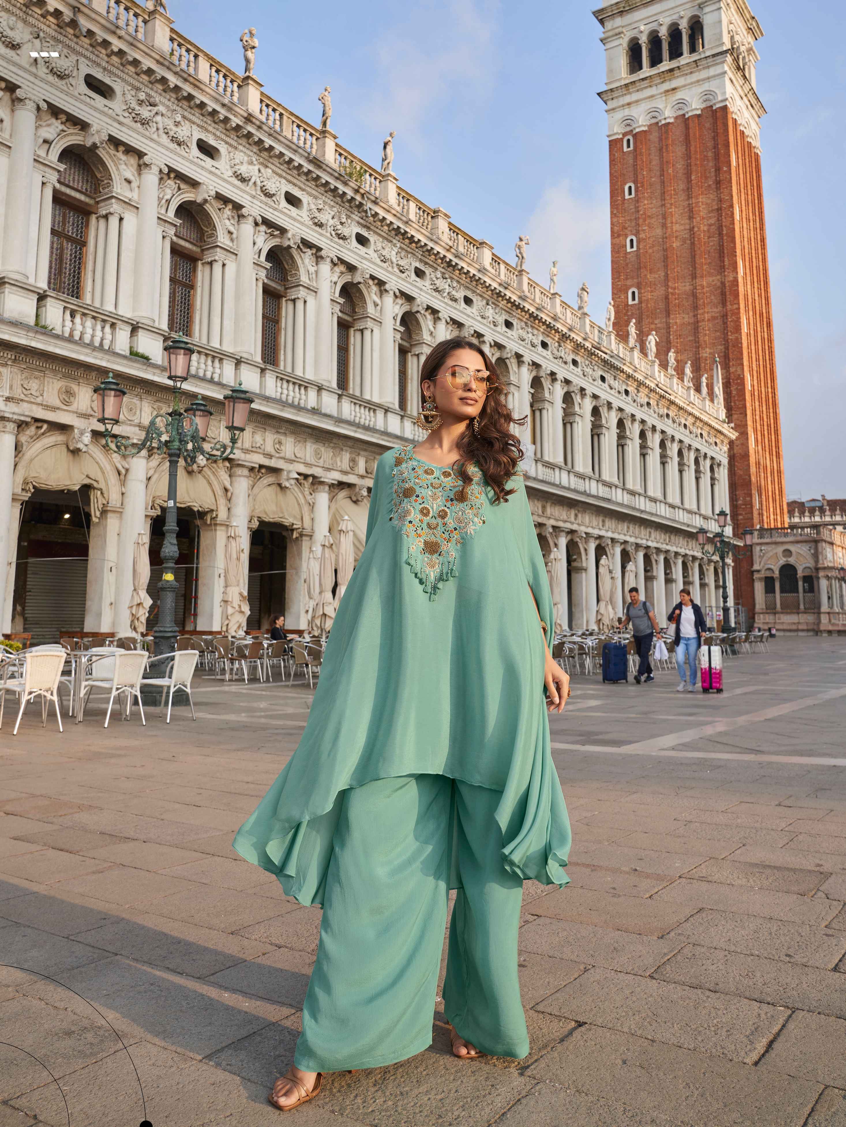 Mint Green Real Chinon Silk Palazzo Suit with Embroidery