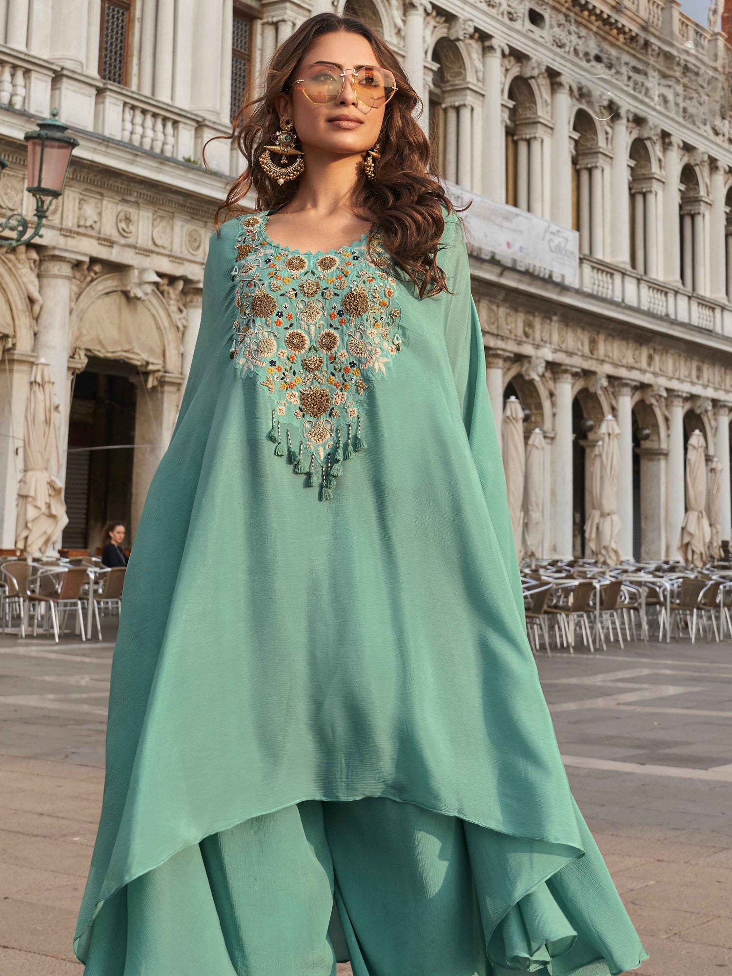 Mint Green Real Chinon Silk Palazzo Suit with Embroidery Palazzo Suit Anant Tex Exports Pvt.Ltd..