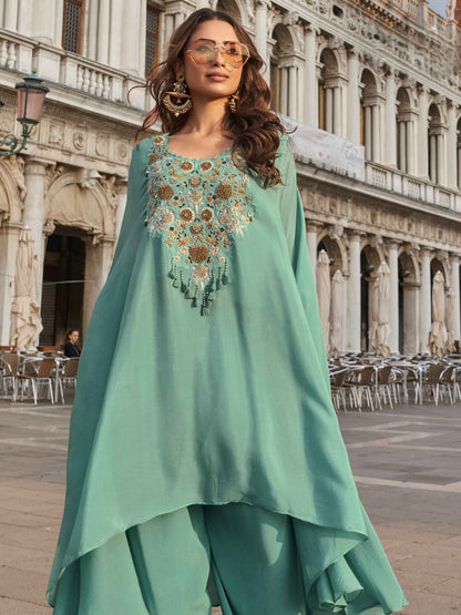 Mint Green Real Chinon Silk Palazzo Suit with Embroidery Palazzo Suit Anant Tex Exports Pvt.Ltd..