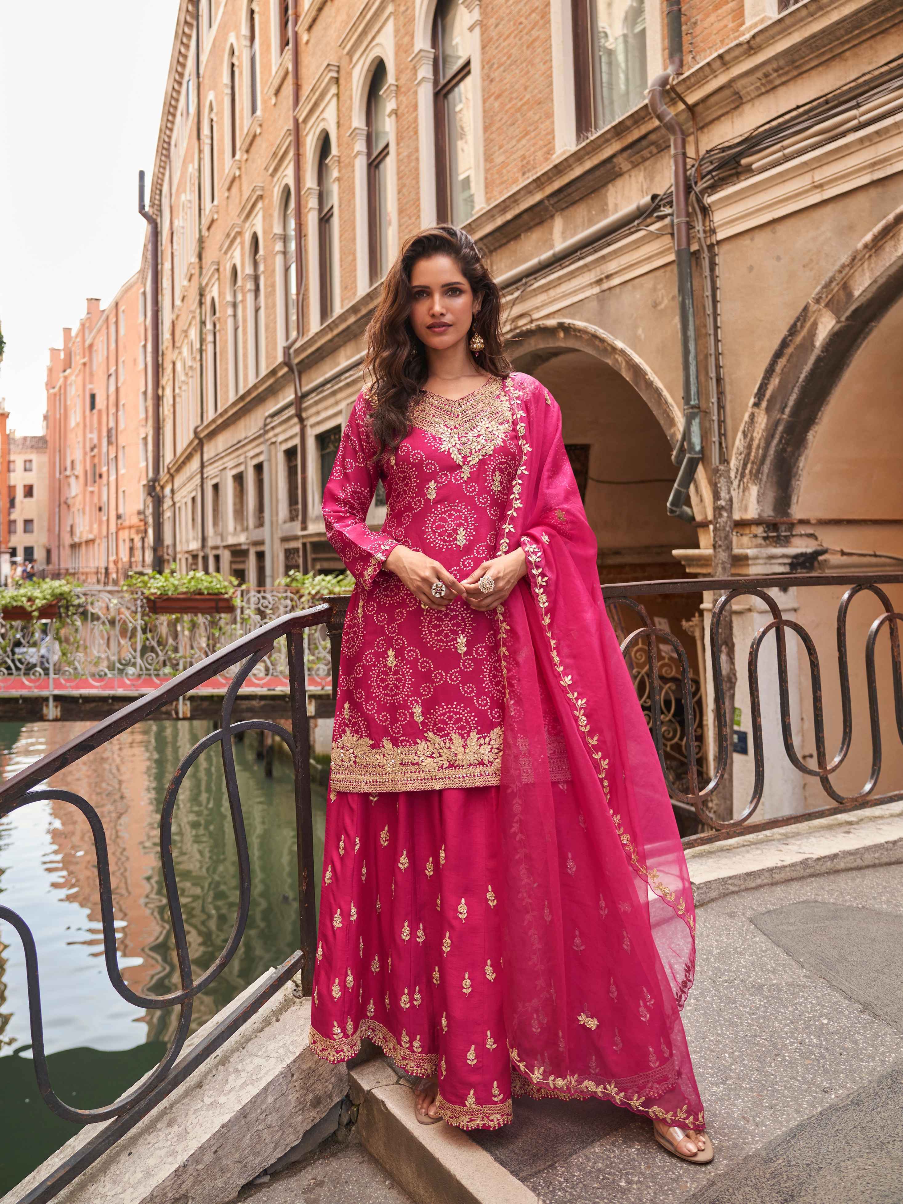 Rani Pink Chinon Silk Embroidered Sharara Suit with Dupatta