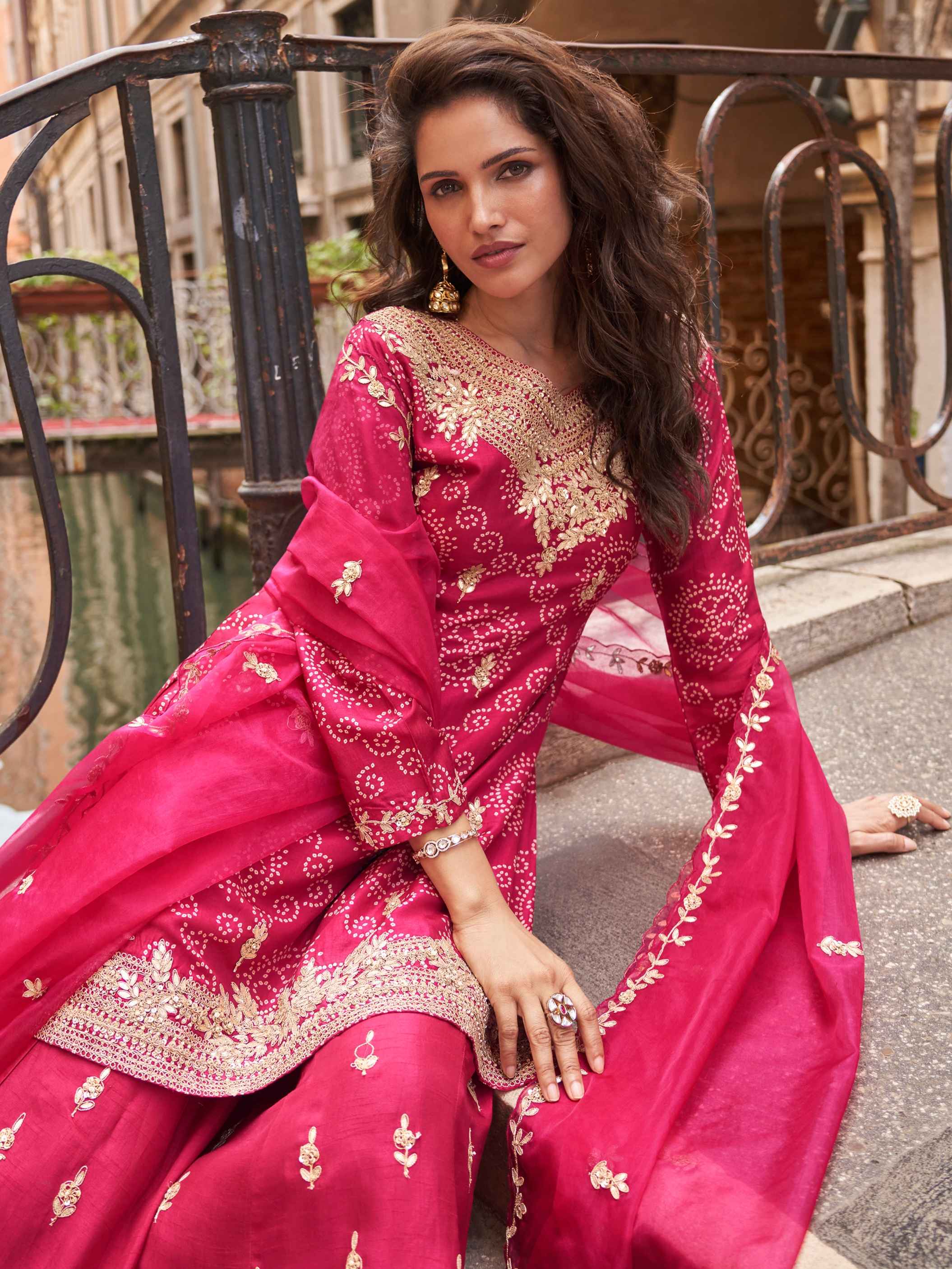 Rani Pink Chinon Silk Embroidered Sharara Suit with Dupatta