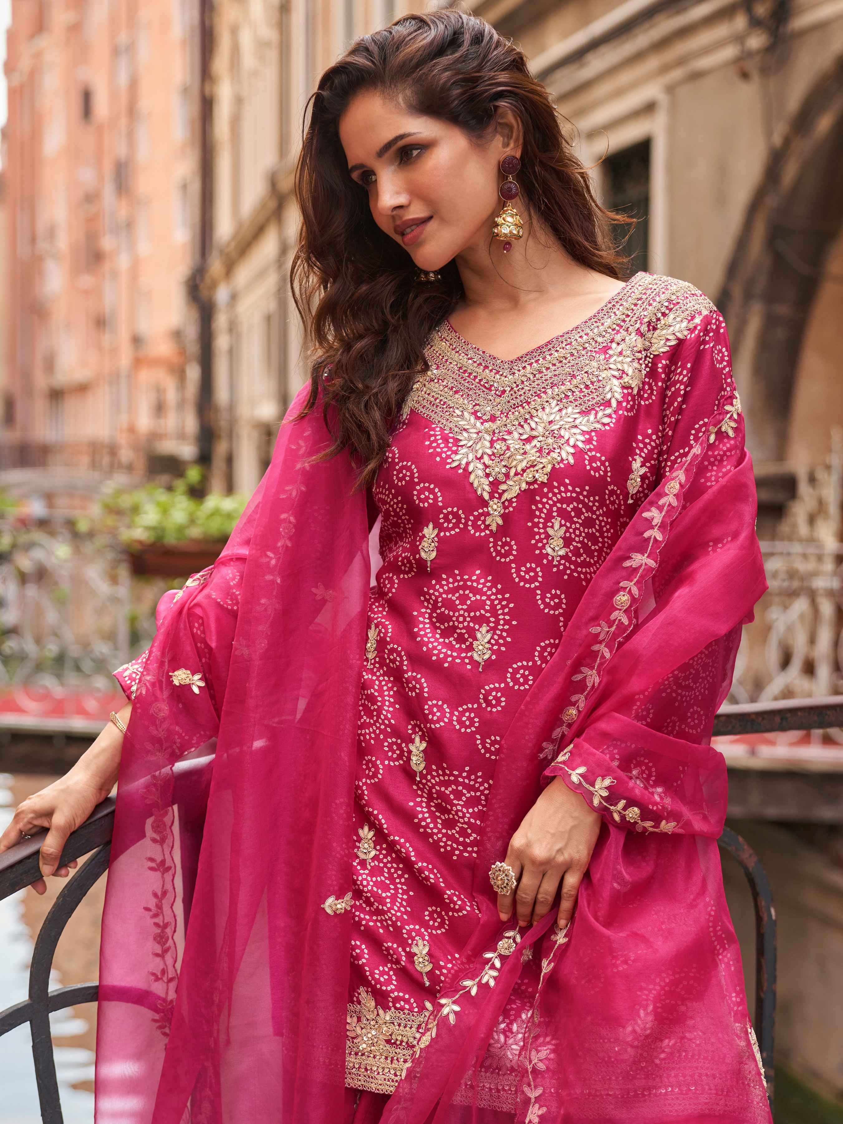 Rani Pink Chinon Silk Embroidered Sharara Suit with Dupatta