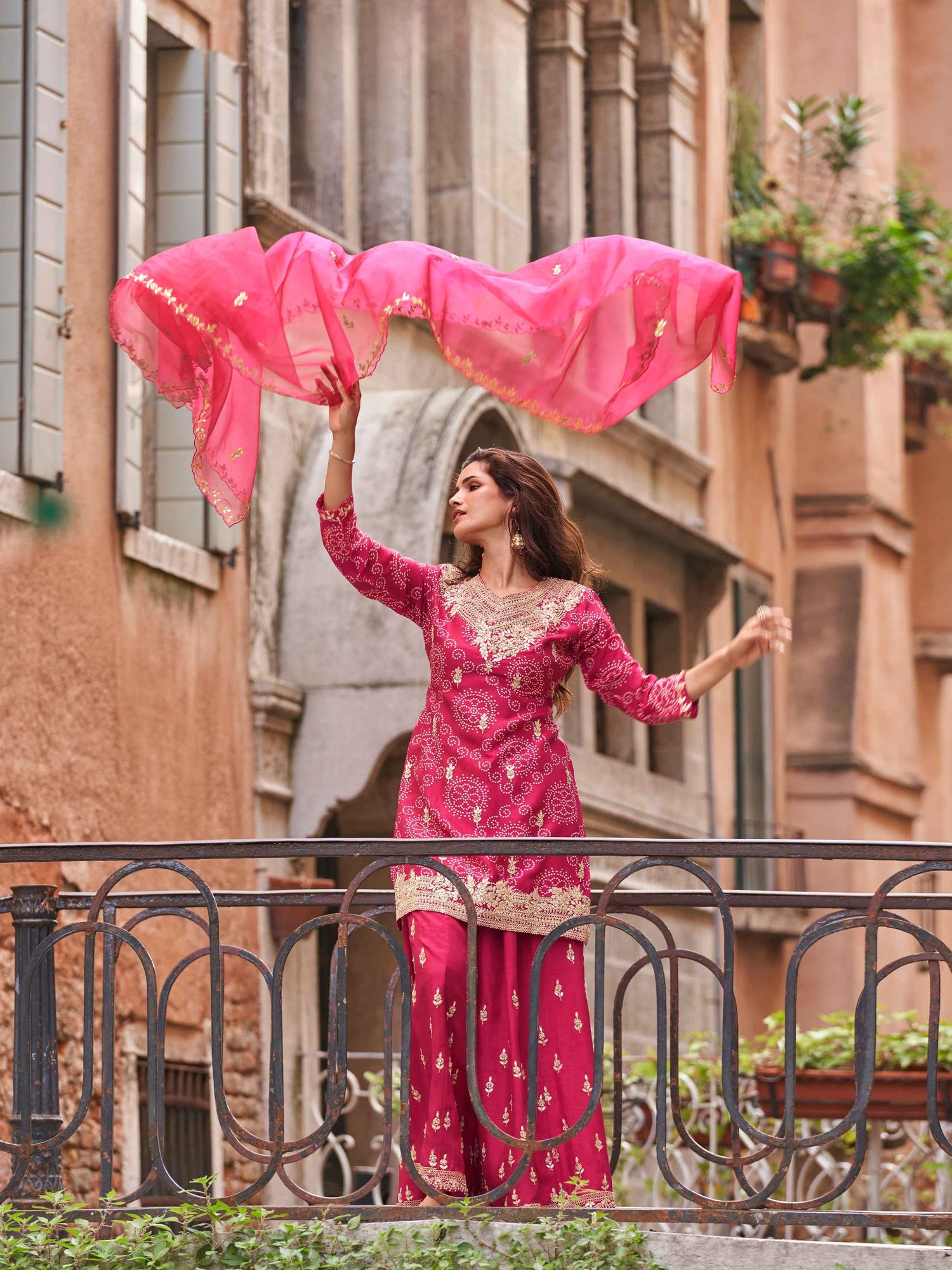 Rani Pink Chinon Silk Embroidered Sharara Suit with Dupatta Sharara Suit Anant Tex Exports Pvt.Ltd..