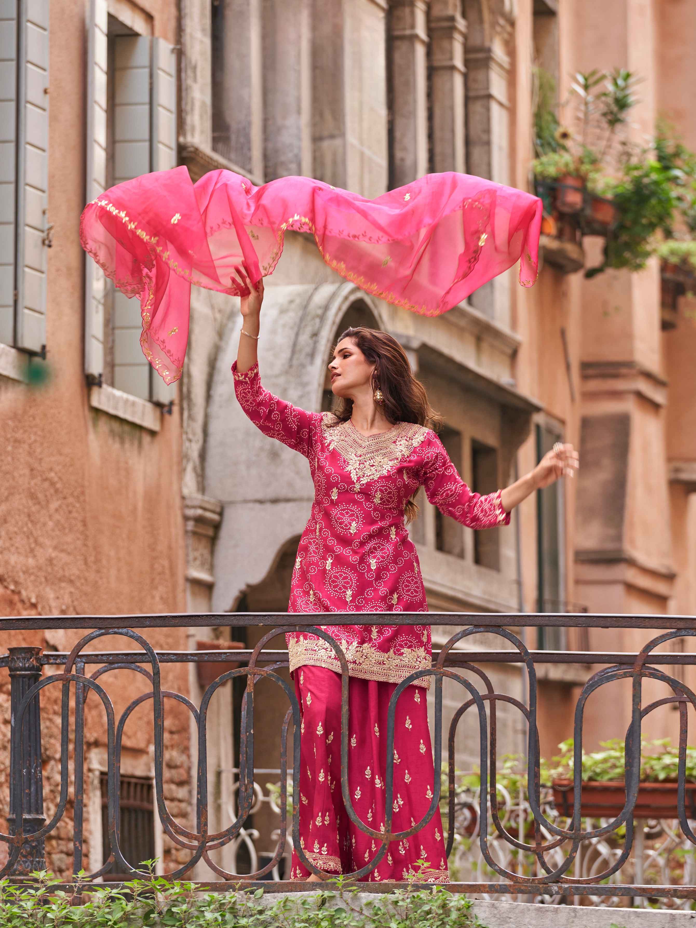 Rani Pink Chinon Silk Embroidered Sharara Suit with Dupatta