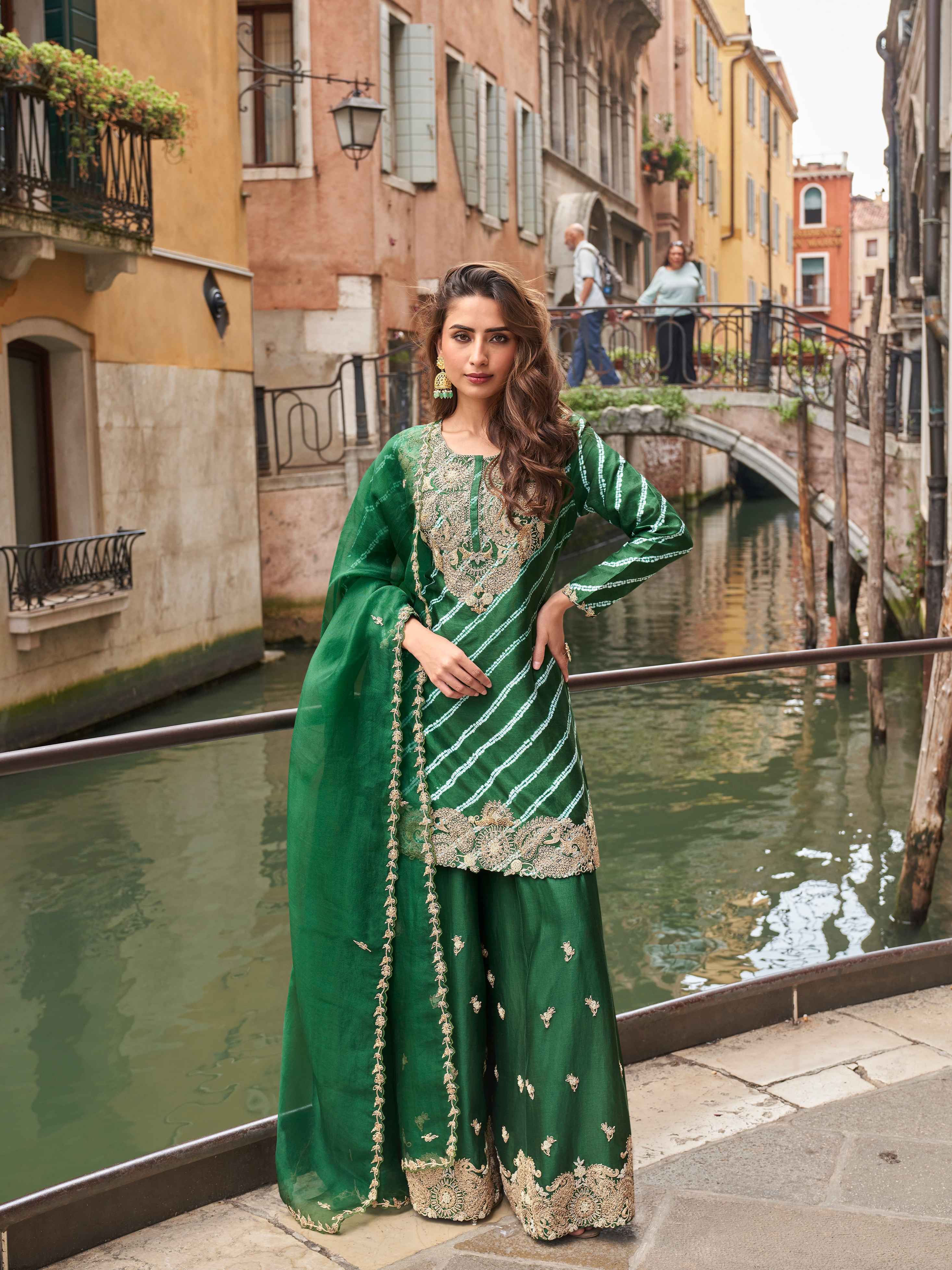 Green Chinon Silk Embroidered Sharara Suit with Dupatta