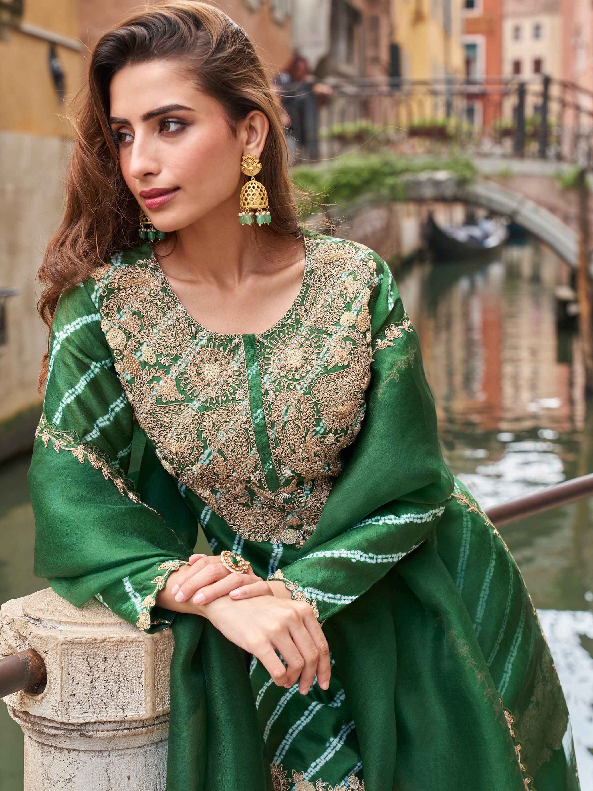 Green Chinon Silk Embroidered Sharara Suit with Dupatta