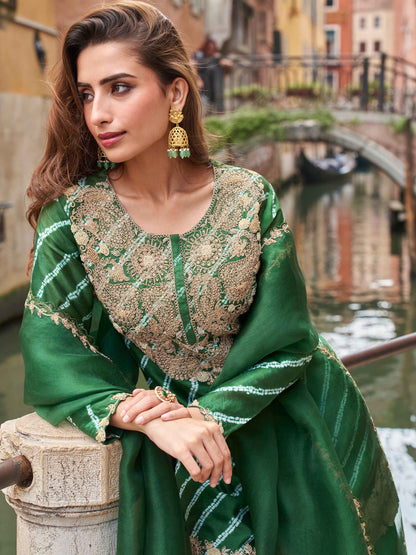 Green Chinon Silk Embroidered Sharara Suit with Dupatta Sharara Suit Anant Tex Exports Pvt.Ltd..
