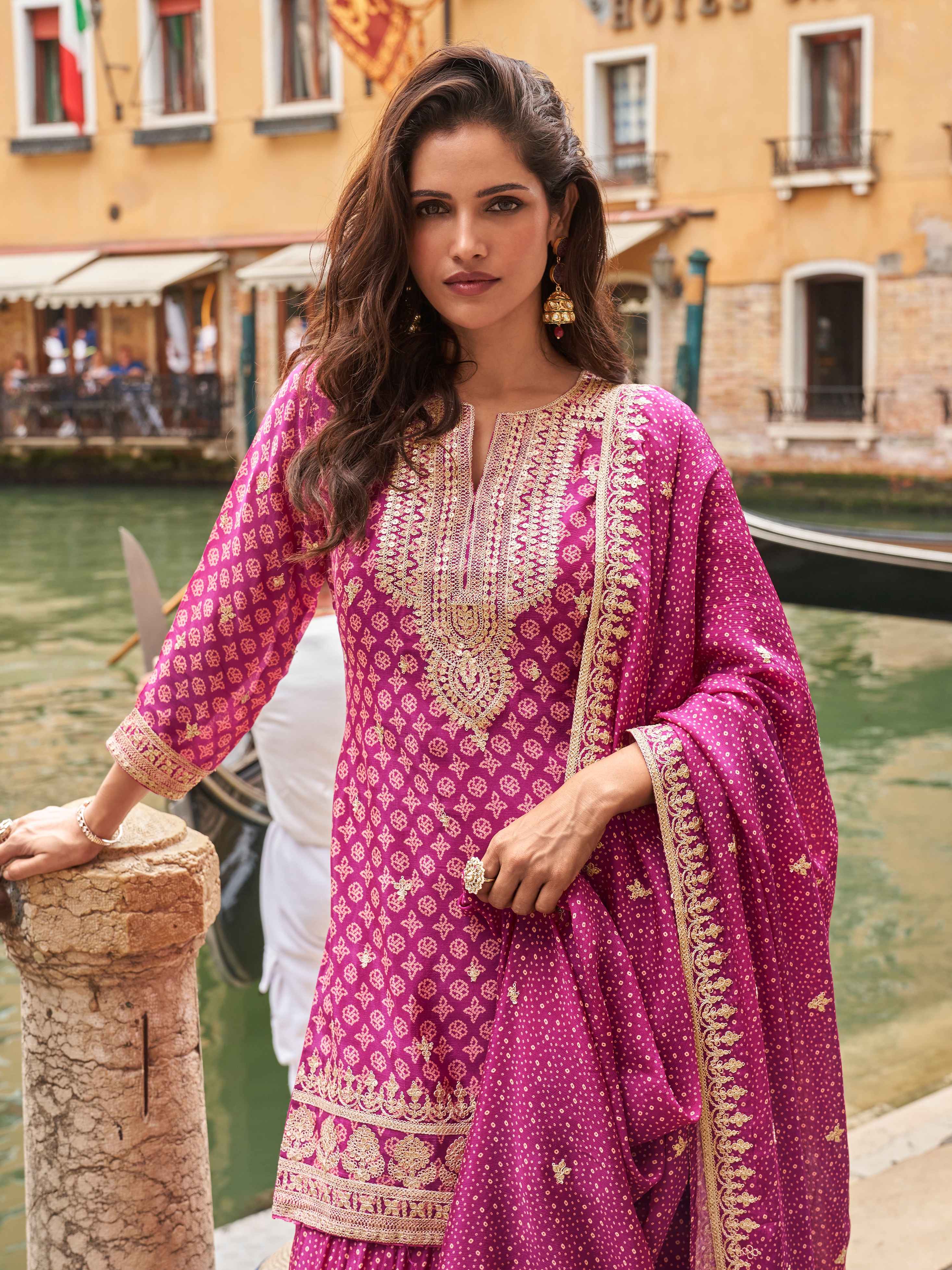 Magenta Chinon Silk Embroidered Sharara Suit with Dupatta